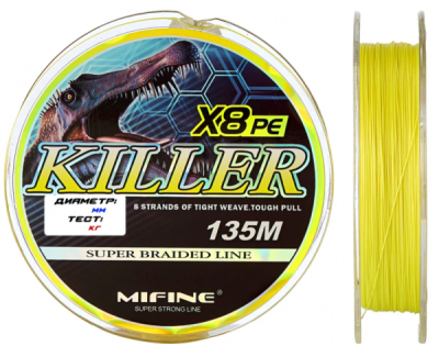 Плетеный шнур Mifine Killer X8pe 135м желтый