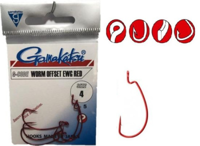 Крючки Gamakatsu Worm Offset EWG, №4, Red (5шт)