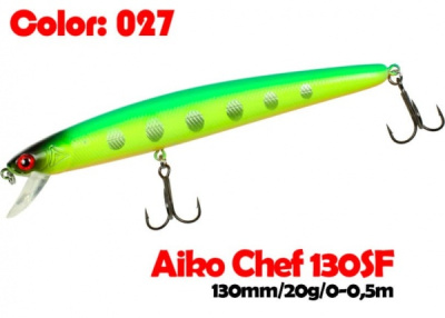 Воблер AIKO Chef 130SF, 130mm, 23.3g, заглубление 0-0.5m (медленно всплывающий)