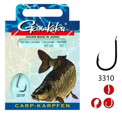 Крючок + поводок Gamakatsu Hook BKG-3310F Carp, 60cm, 0.28cm, №6, (10шт)
